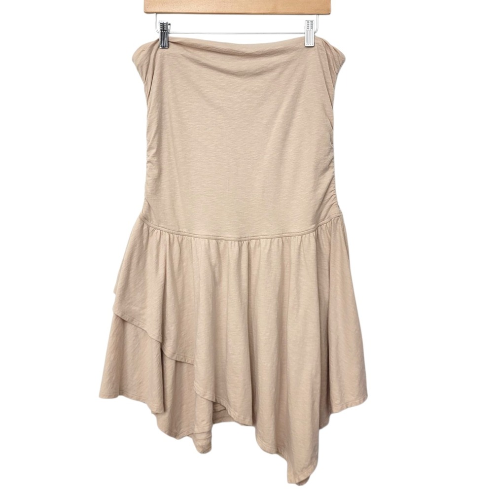 Aerie Strapless Handkerchief Mini Dress Size XL Beige Cotton Beach Asymmetrical - Picture 2 of 10